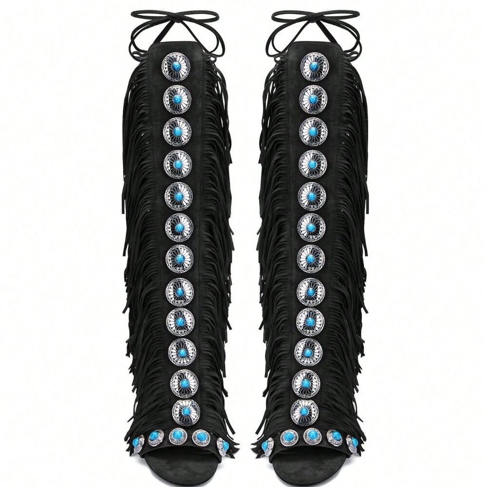 Black Bohemian Women'sGemstone Straps Fringe Detail Knee High Stiletto Boots f - Picture 5 of 10